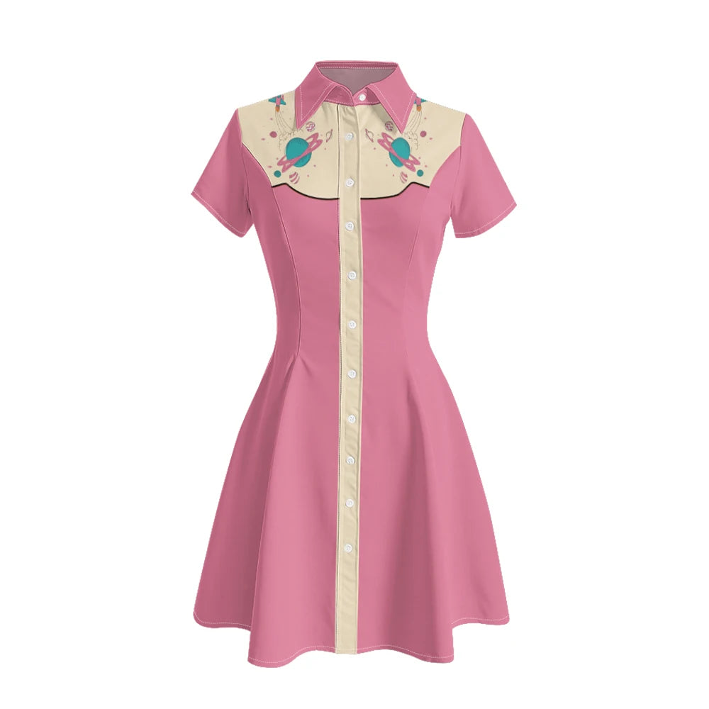 Short Sleeve Western-Style Button-Front Shirt Dress with Planet Yoke Print