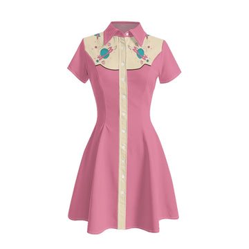 Short Sleeve Western-Style Button-Front Shirt Dress with Planet Yoke Print