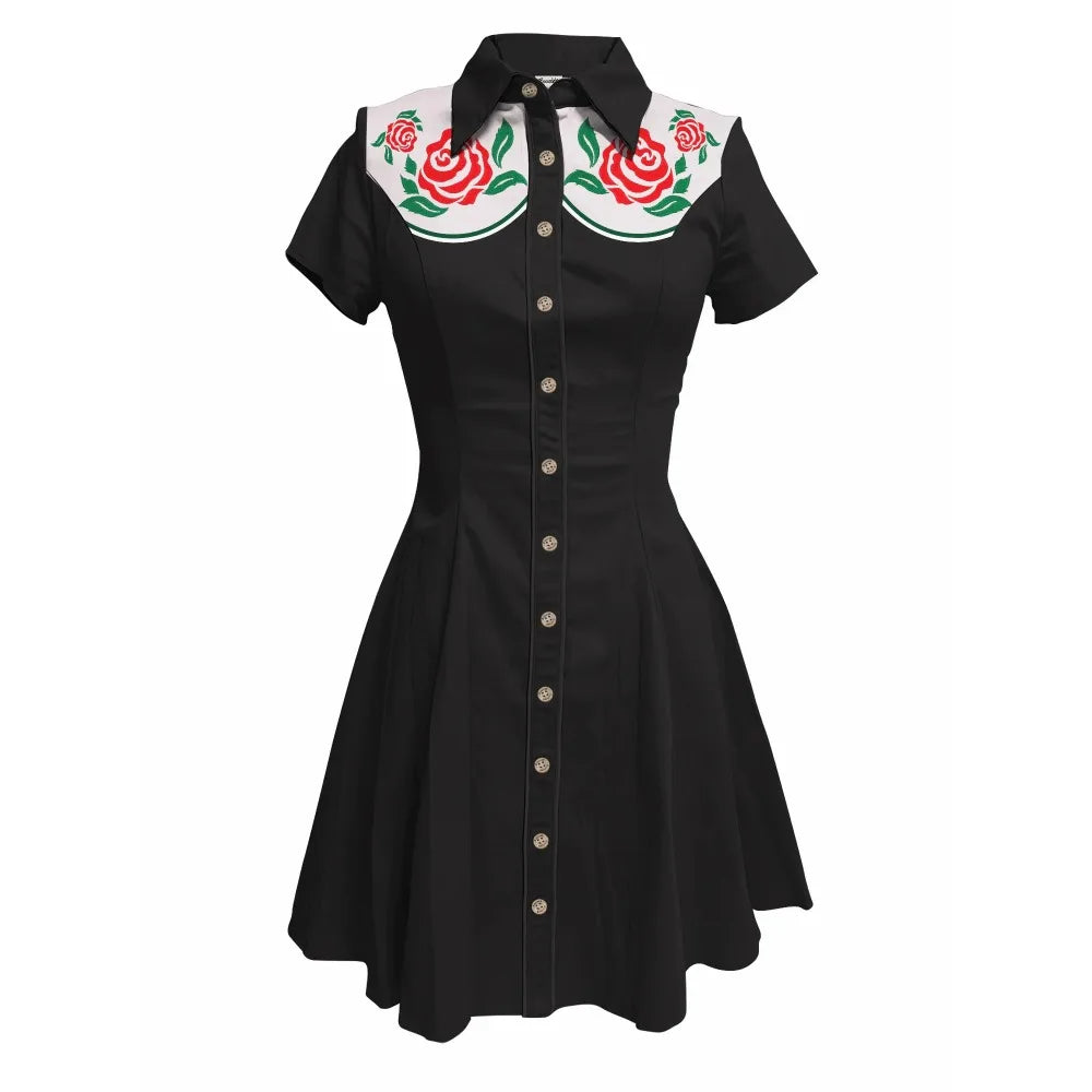 Short Sleeve Button-Front Shirt Dress with Rose Yoke Graphic