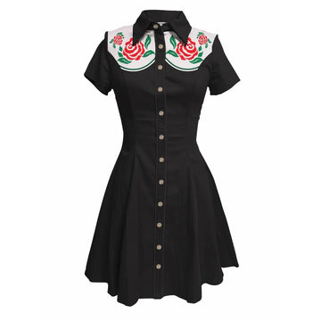 Short Sleeve Button-Front Shirt Dress with Rose Yoke Graphic