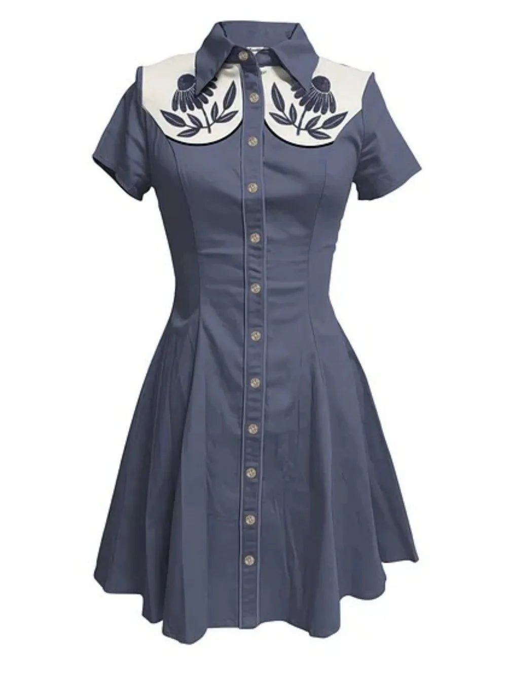 Short Sleeve Western-Inspired Button-Front Shirt Dress with Floral Yoke
