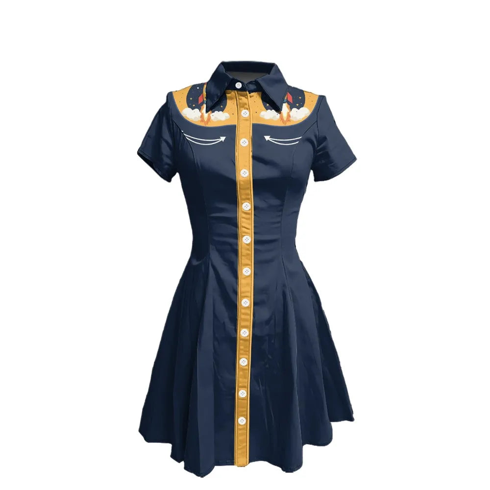 Short Sleeve Western-Style Button-Front Shirt Dress with Rocket Yoke Print