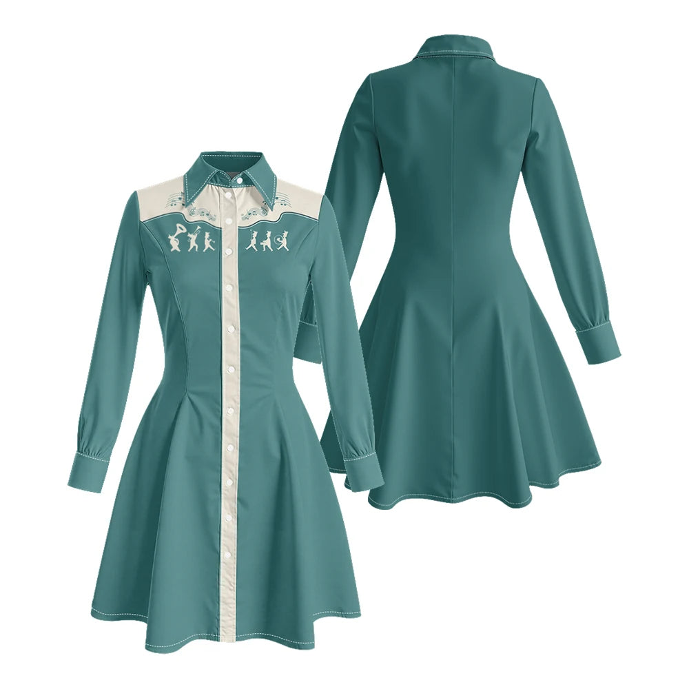Long Sleeve Western-Style Button-Front Shirt Dress with Graphic Yoke