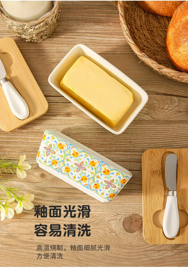 Americana Pastoral Ceramic Butter Dish with Bamboo Lid & Knife