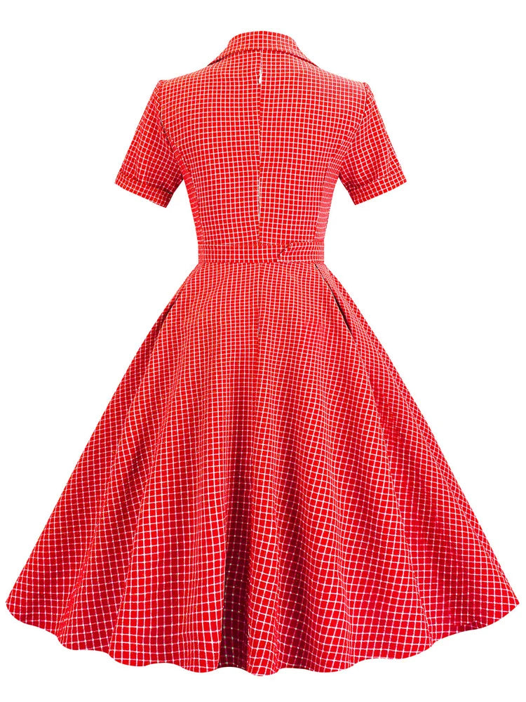 Grid Print Collared Midi Dress with Belt