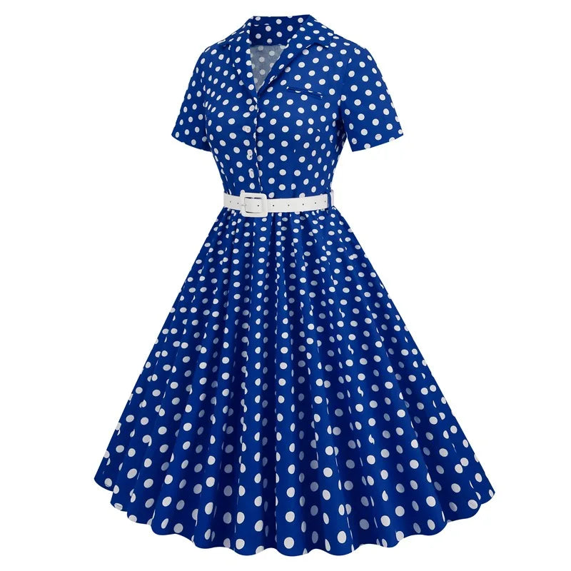 Women Vintage Polka Dots Dress Retro Elegant V-Neck Office Cocktail Tea Party 1950s 40s Swing Dress Summer Dress Short Sleeves