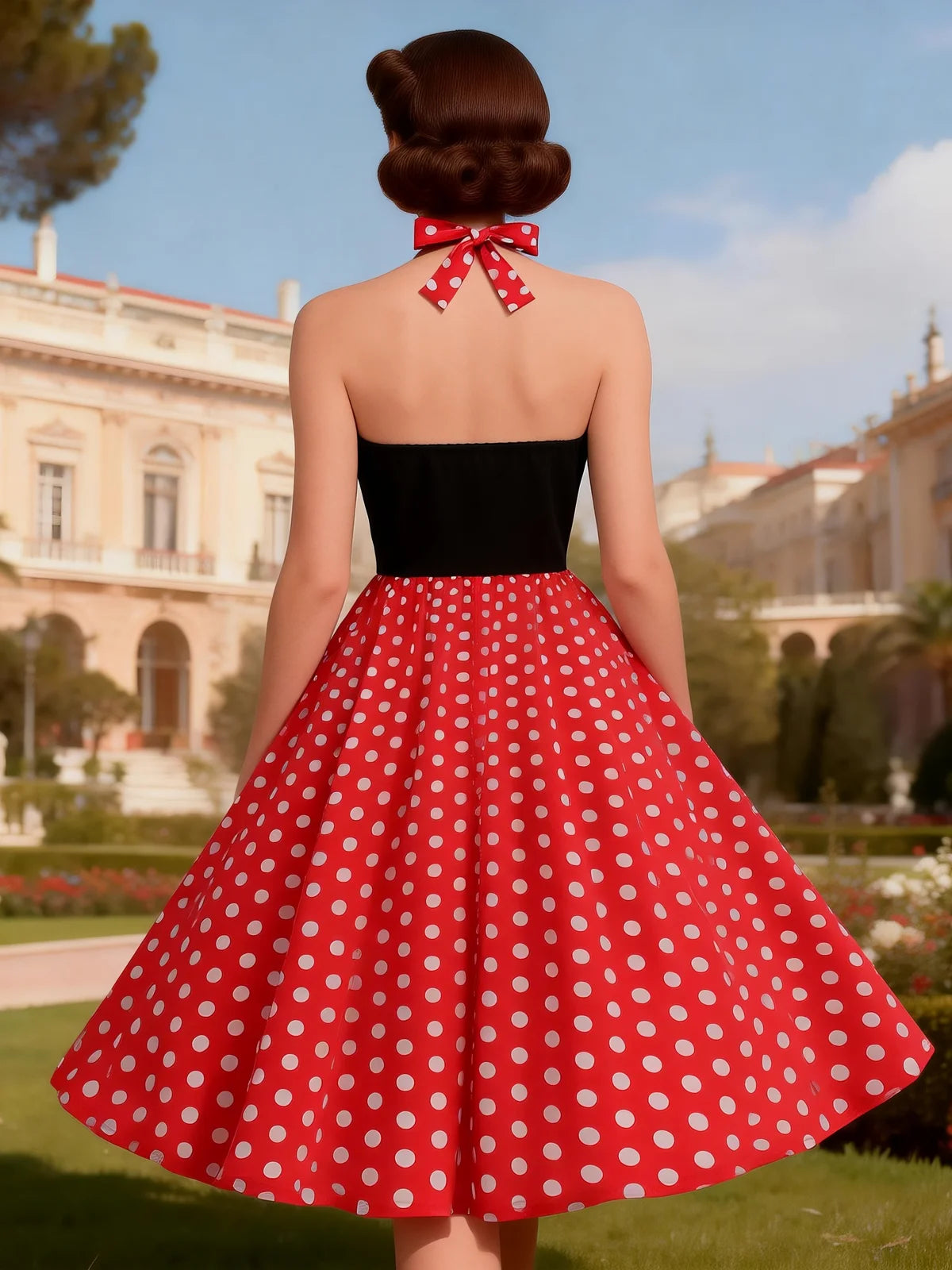 Contrast Bodice Polka Dot Halter Dress