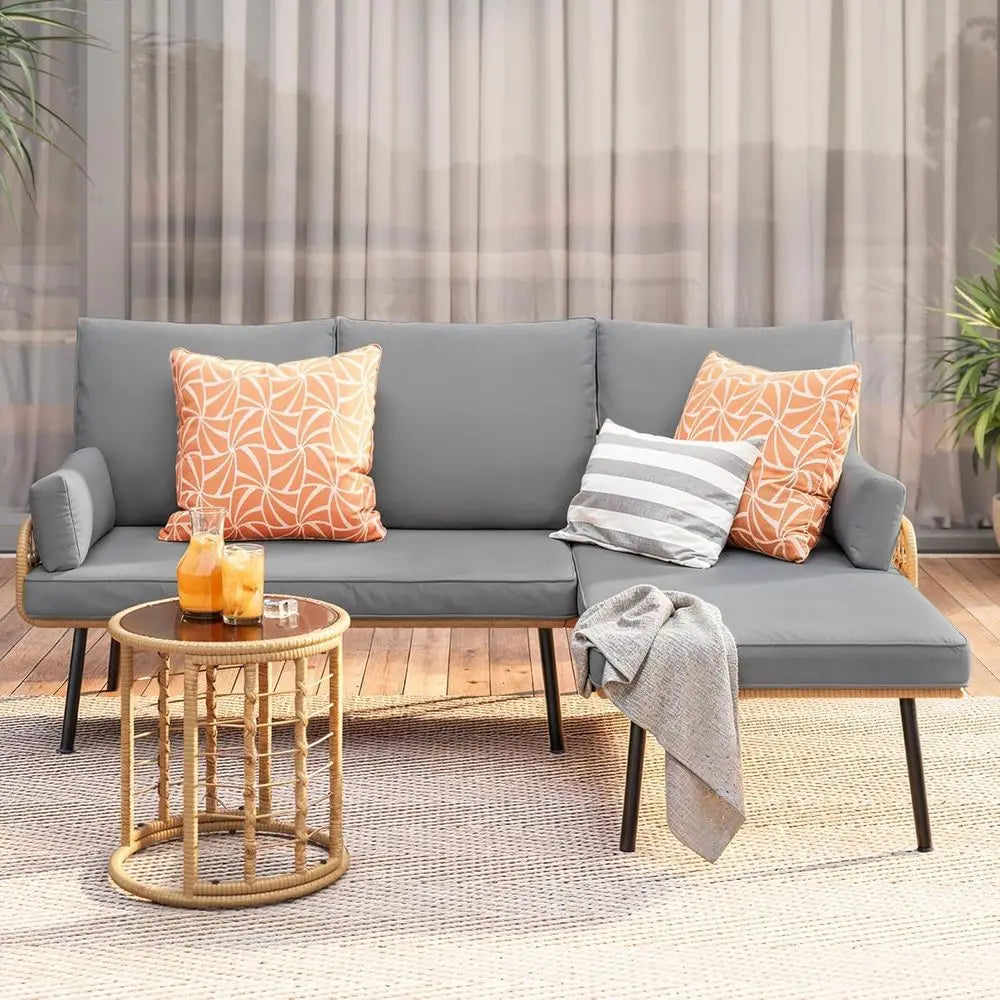 Mid-Century Sectional Lounge with Woven Accent Table