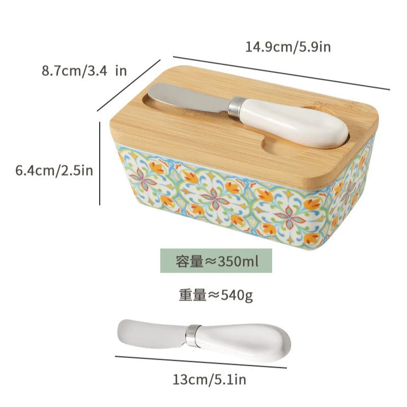 Americana Pastoral Ceramic Butter Dish with Bamboo Lid & Knife