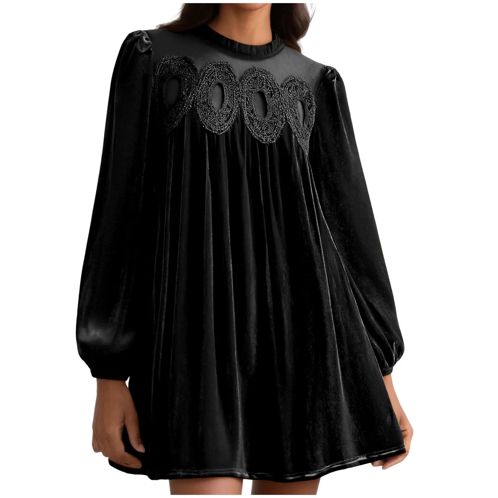 Velvet Long Sleeve Mini Dress with Embroidered Yoke