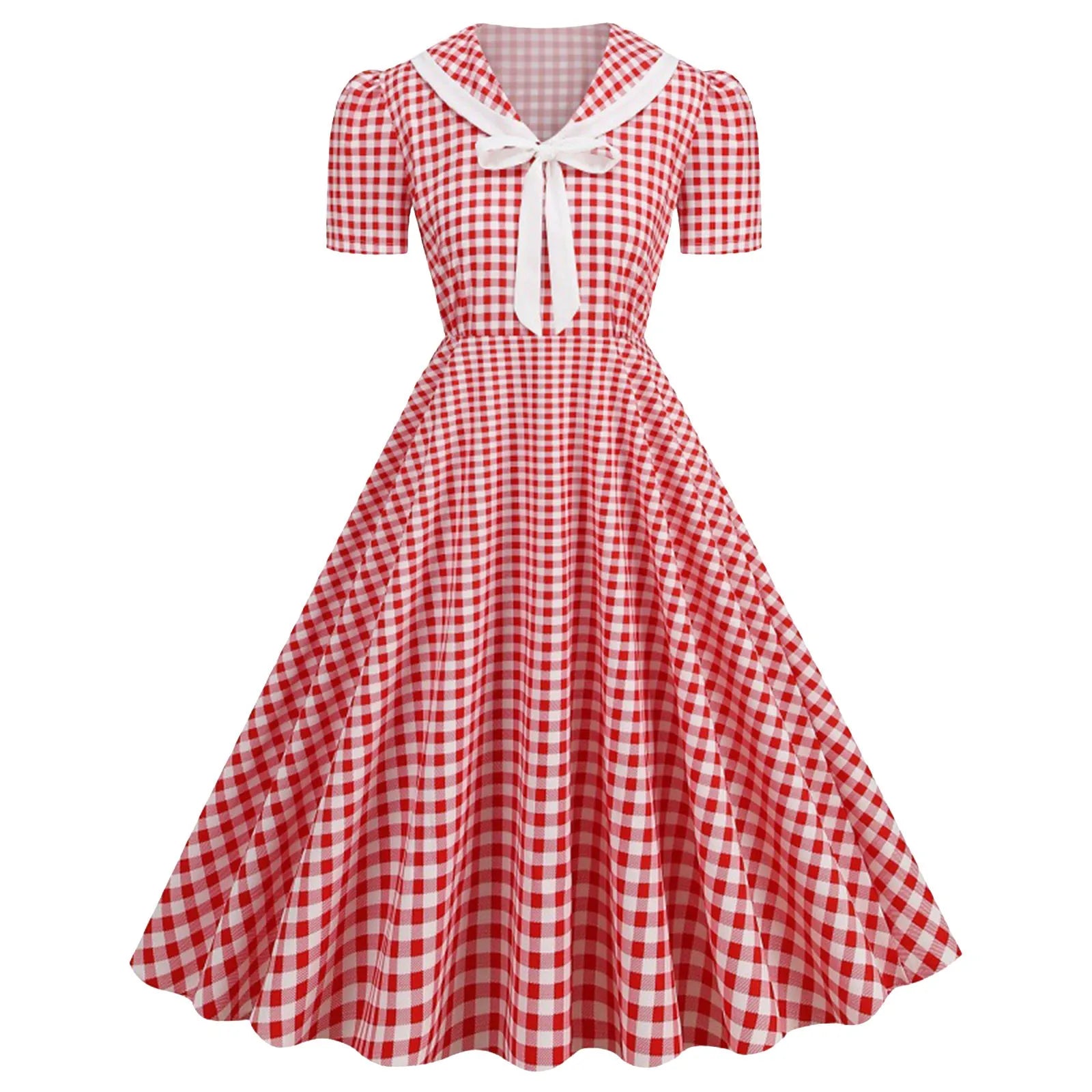Gingham Sailor Collar Midi Dress with Tie Front