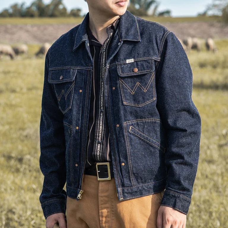 Denim Workwear Jacket with Zip Front and Snap Pockets