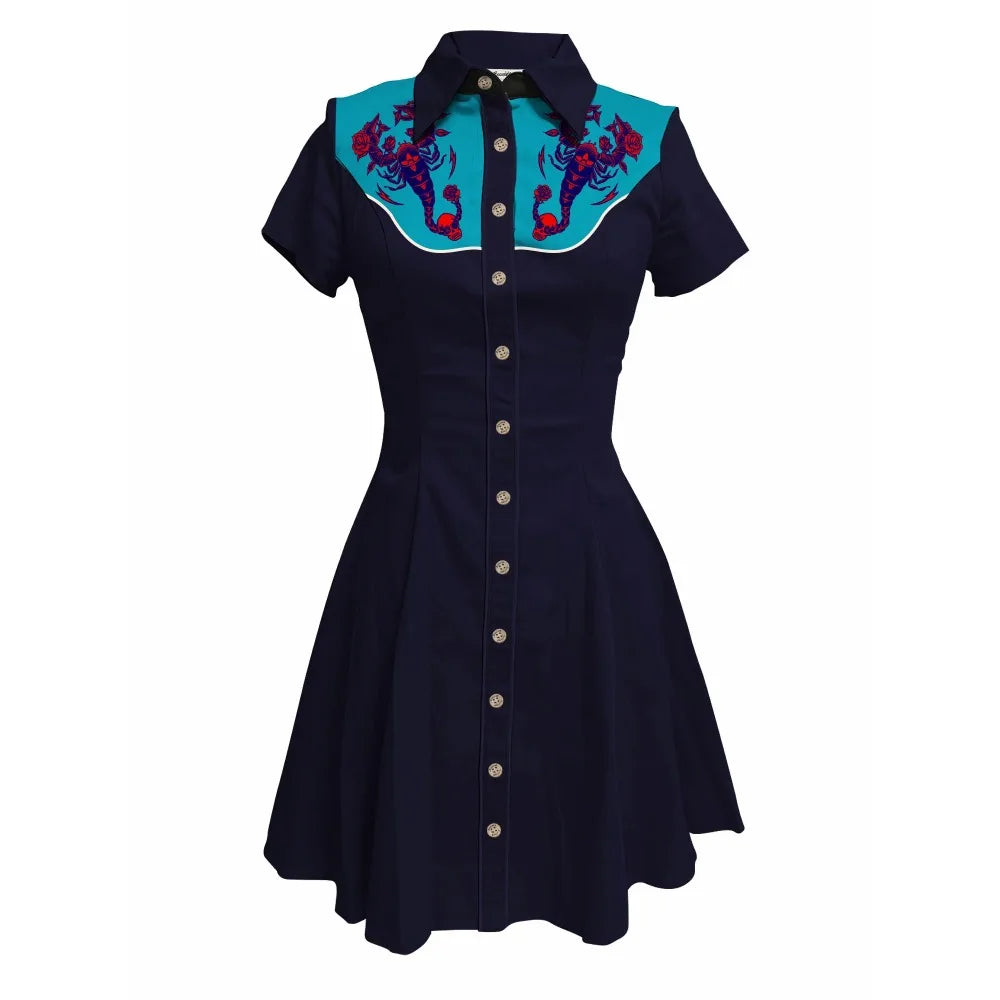Short Sleeve Western-Style Button-Front Shirt Dress with Scorpion Yoke Graphic
