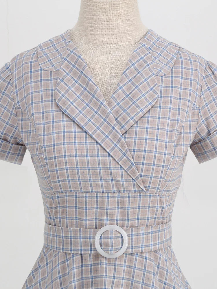 Plaid Wrap Collar Belted Fit & Flare Dress