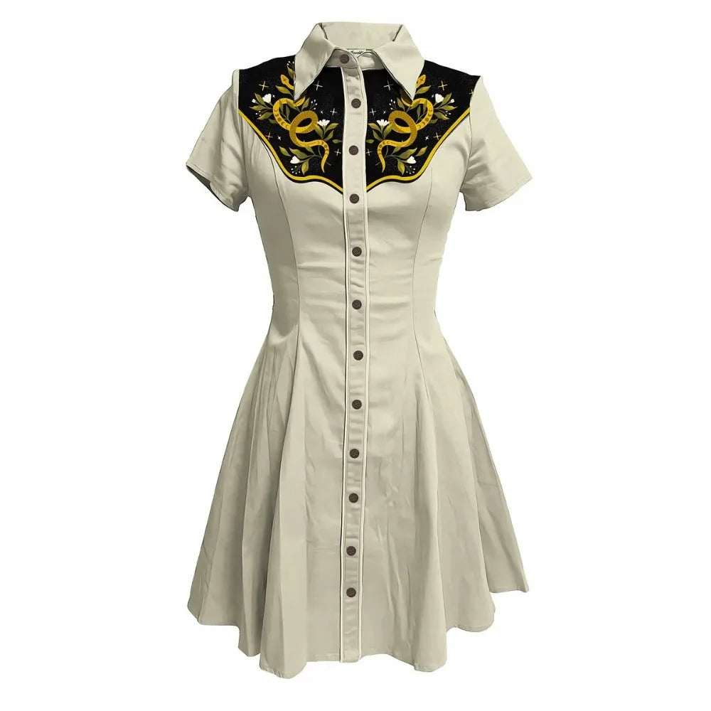 Short Sleeve Western-Inspired Button-Front Shirt Dress with Snake and Rose Yoke