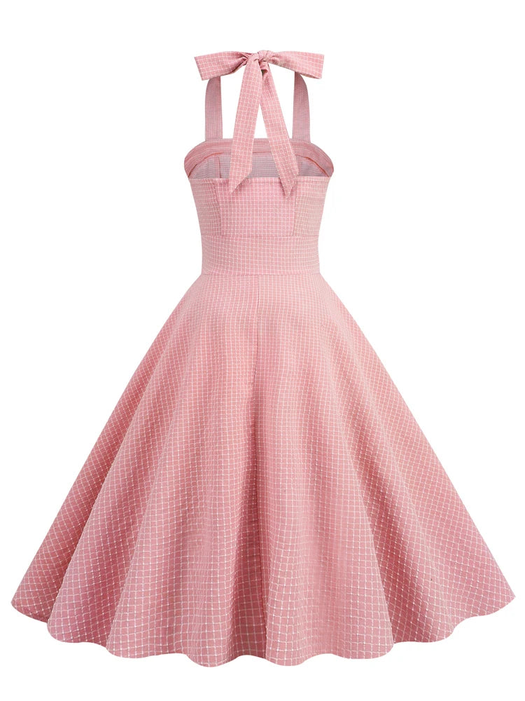 Halter Grid Print Fit & Flare Dress