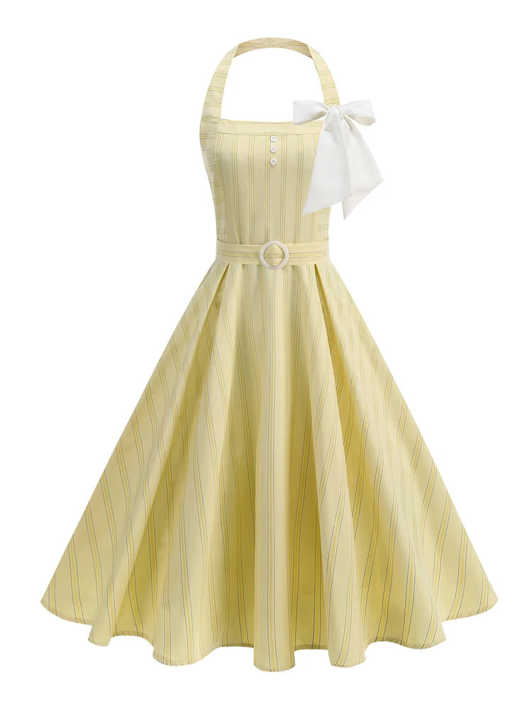 Striped Halter Belted Midi Dress