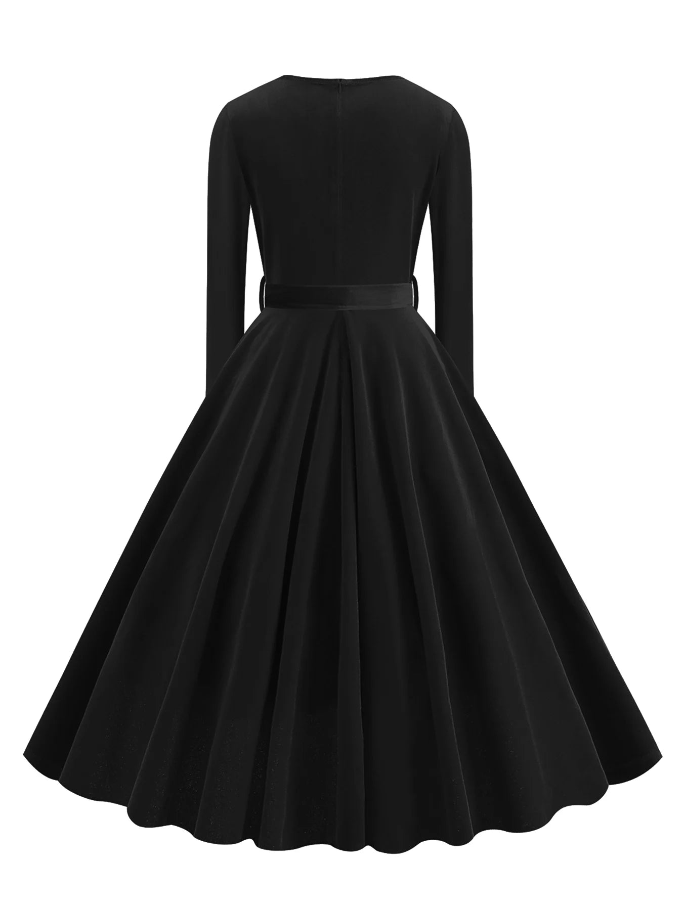 Long Sleeve V-Neck Belted Fit & Flare Dress