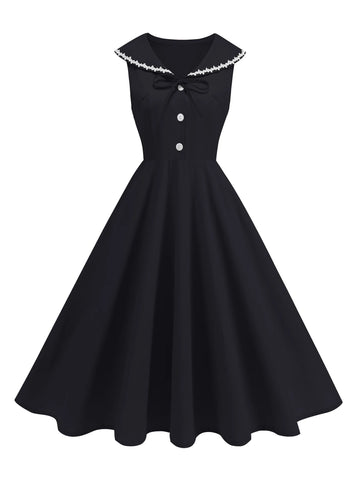 Sailor Collar Sleeveless Midi Dress with Button Front