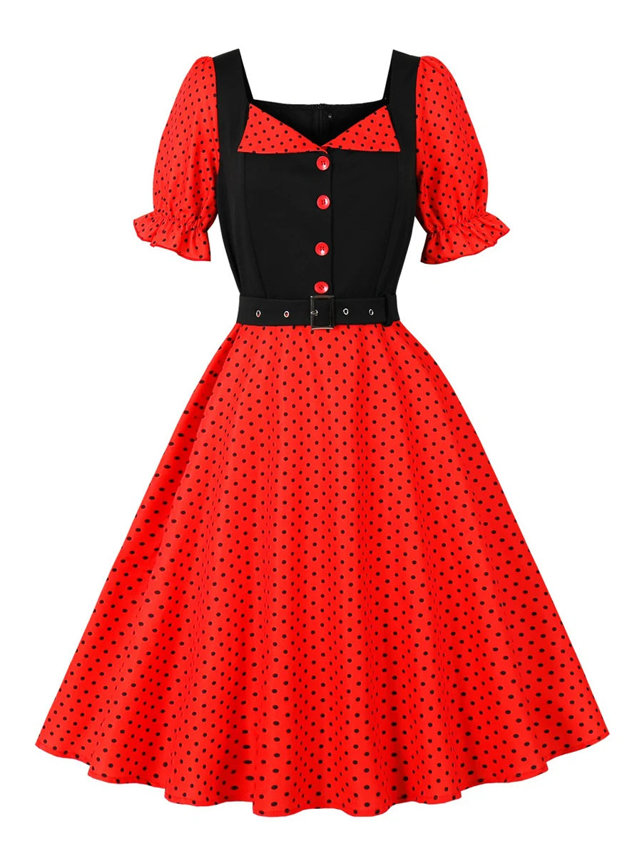Polka Dot Contrast Panel Midi Dress with Belt