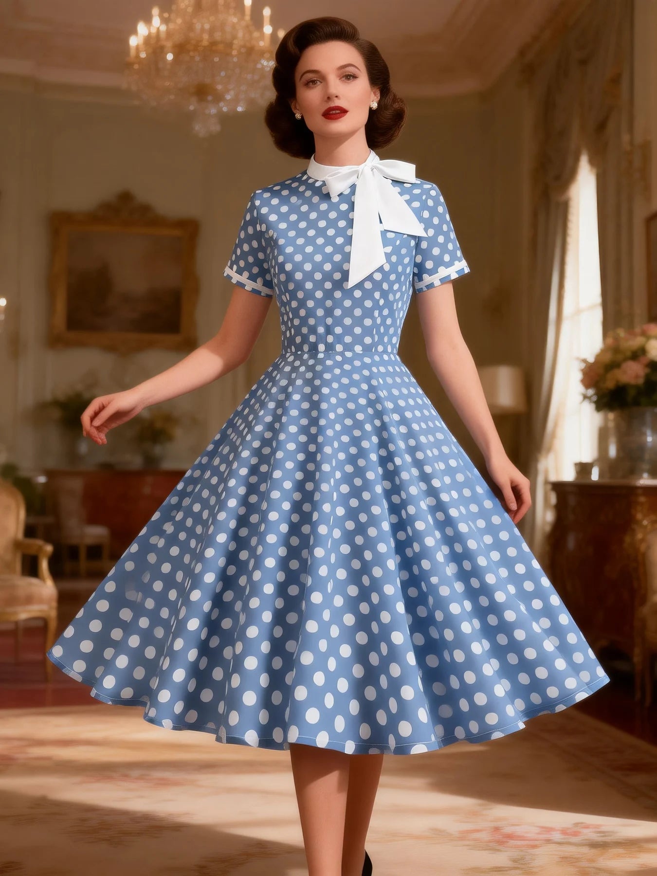 Polka Dot Tie-Neck Fit & Flare Dress