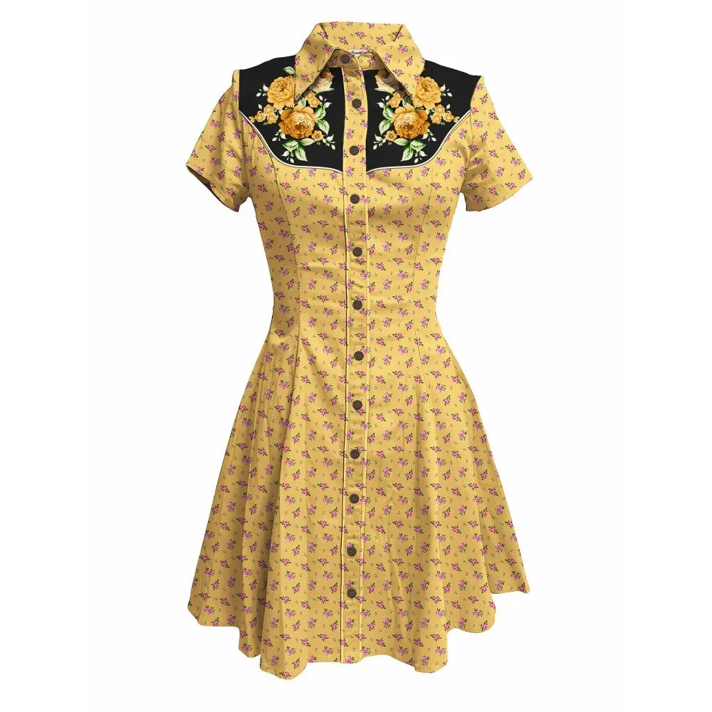 Short Sleeve Button-Front Shirt Dress with Floral Print and Embroidered Yoke