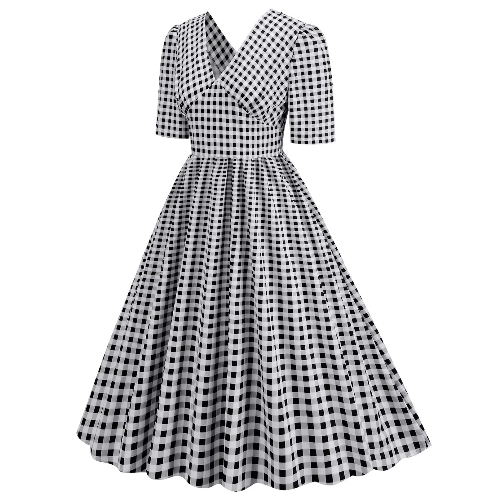 Gingham V-Neck Midi Dress with Fitted Bodice
