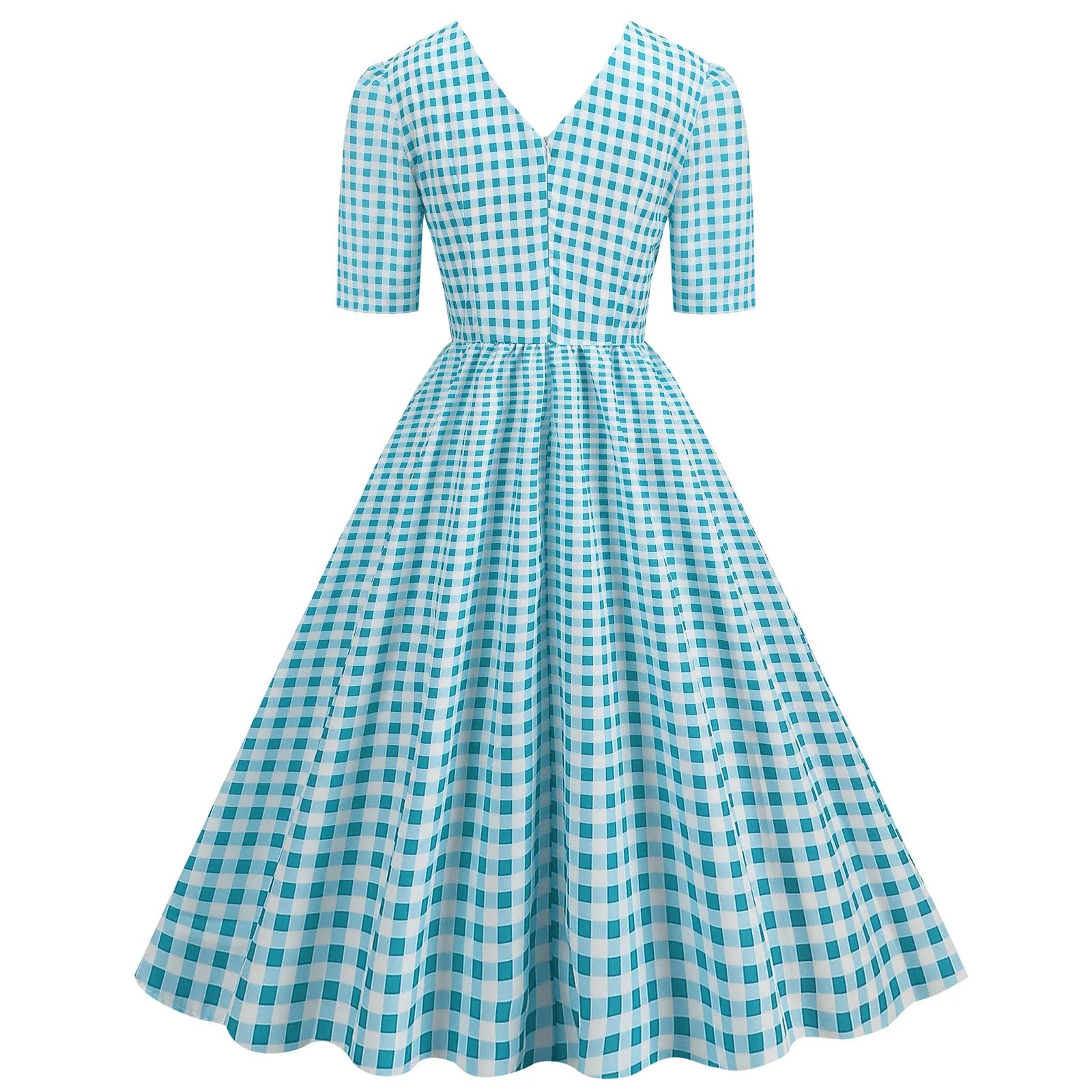 Gingham V-Neck Midi Dress with Fitted Bodice