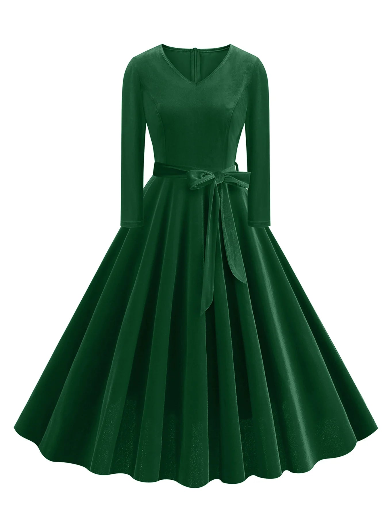 Long Sleeve V-Neck Belted Fit & Flare Dress
