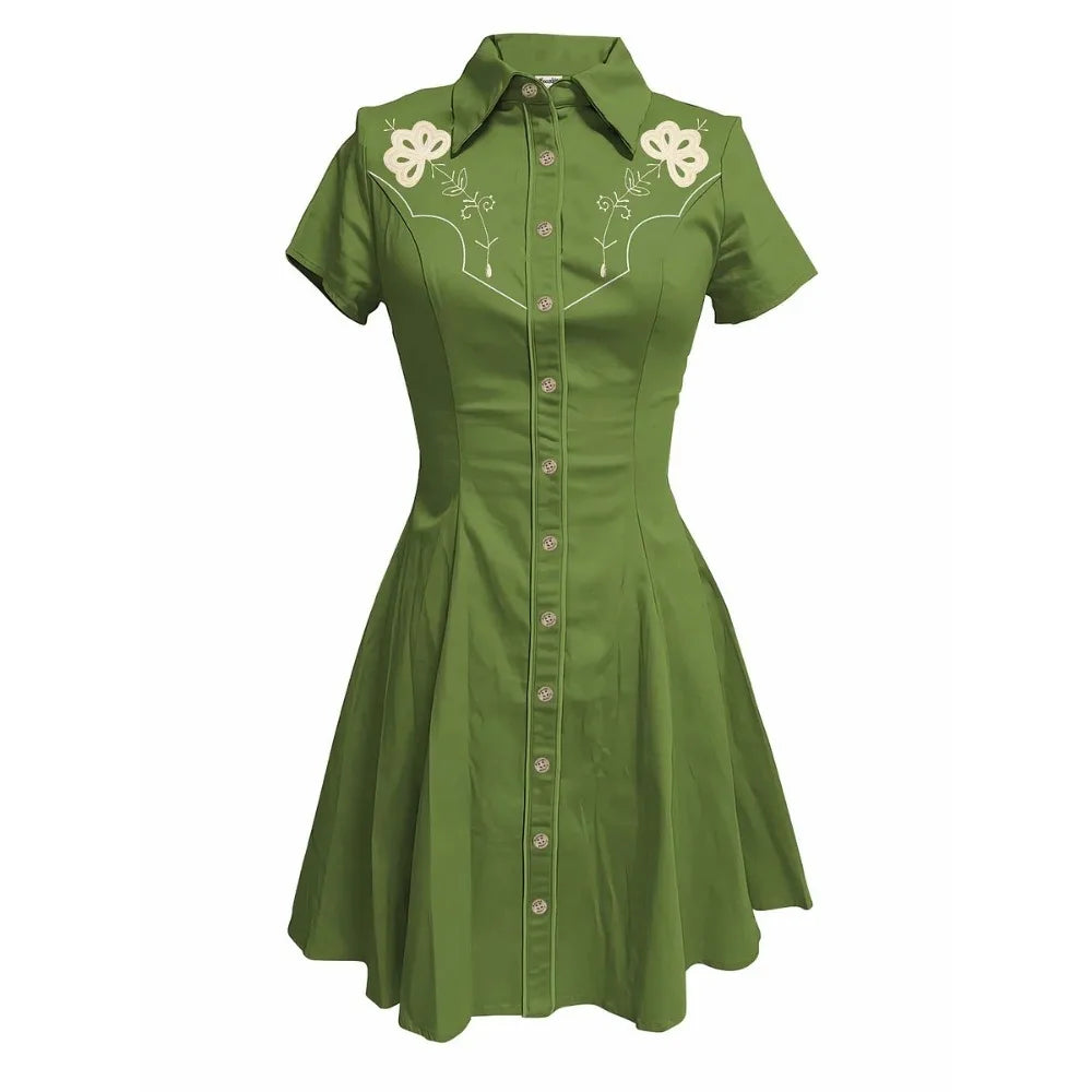 Short Sleeve Western-Style Button-Front Shirt Dress with Floral Print Yoke