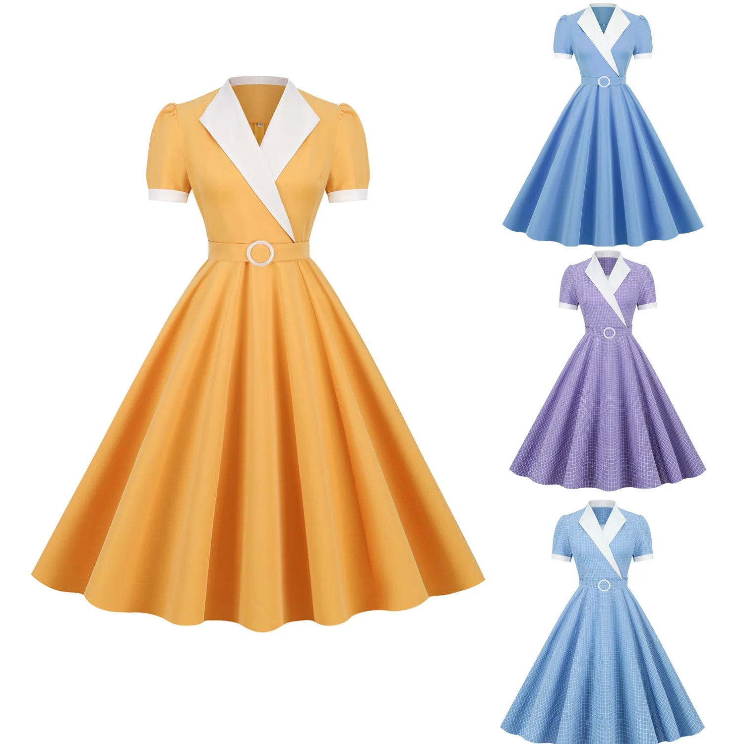 Women Vintage Gingham Dress V-Neck 1950s Swing Dress Rockabilly Cocktail Tea Party Dress WIth Belt Casual Dress Plaid Dress