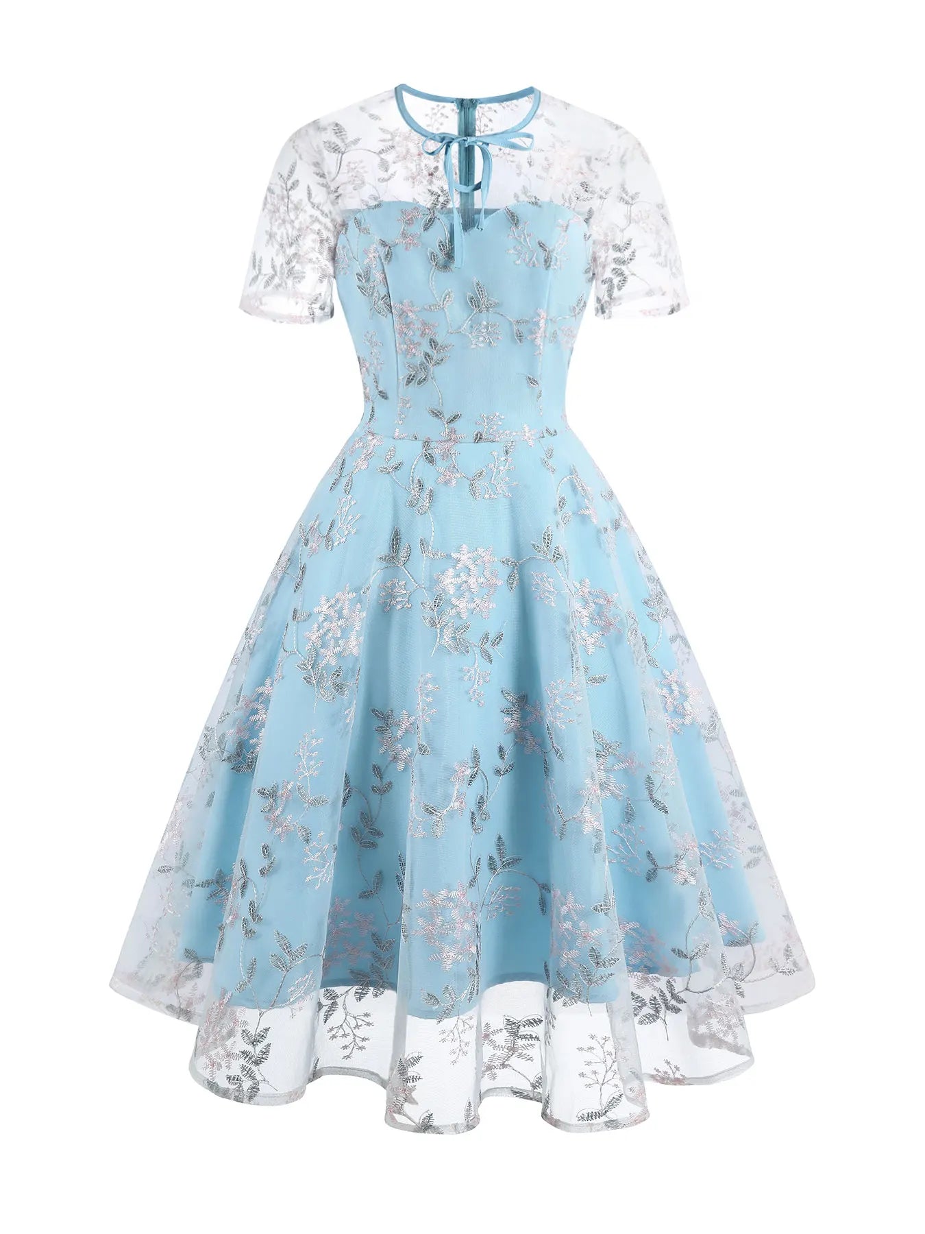 Embroidered Sheer Overlay Midi Dress with Tie Neck