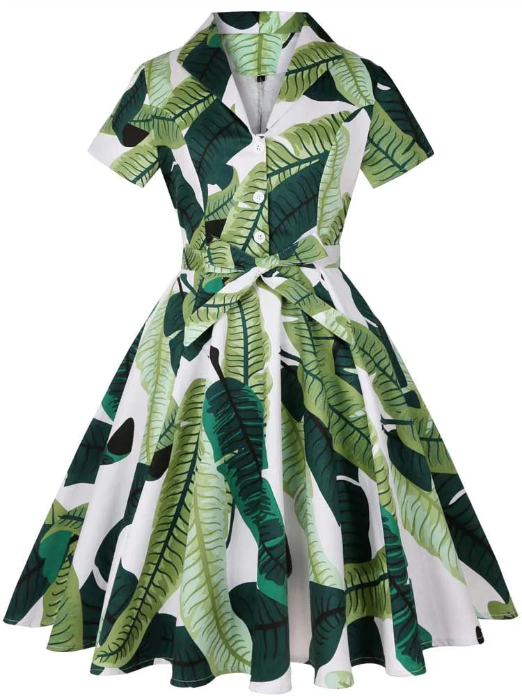 Short Sleeve Tropical Print Fit and Flare Midi Dress with Tie Belt