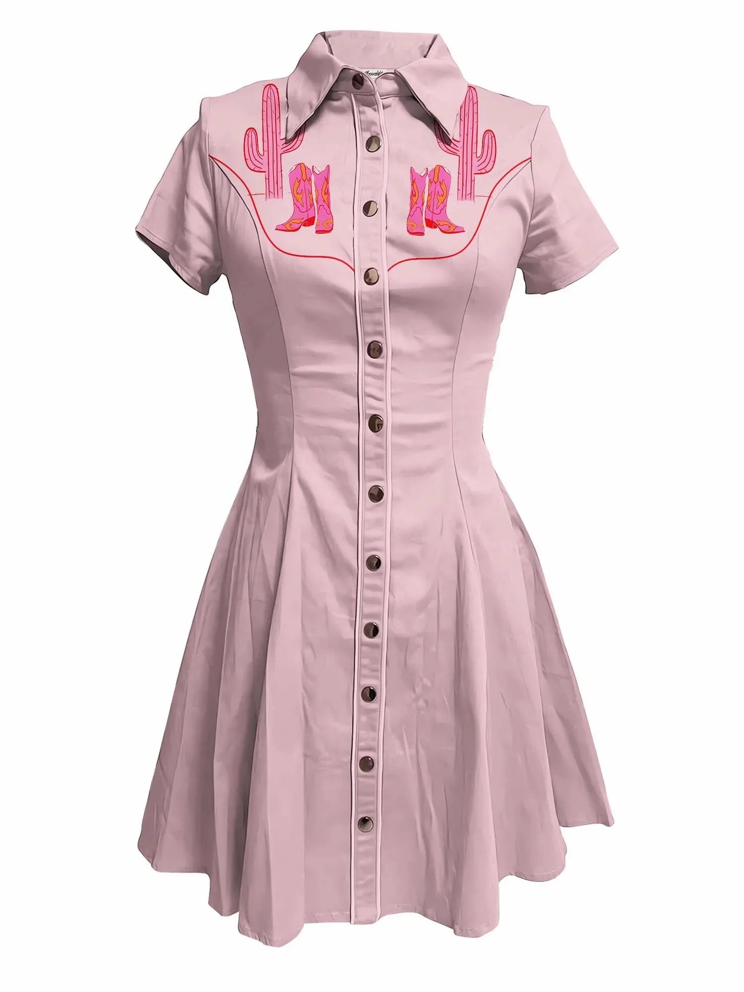 Short Sleeve Western-Inspired Button-Front Shirt Dress with Cactus Embroidery