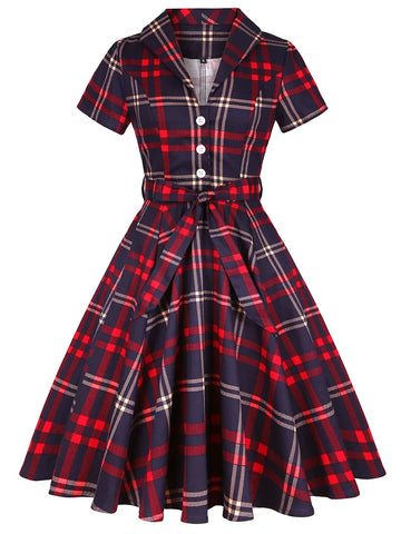 Short Sleeve Plaid Fit and Flare Midi Dress with Tie Belt
