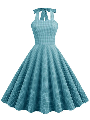 Halter Grid Print Fit & Flare Dress