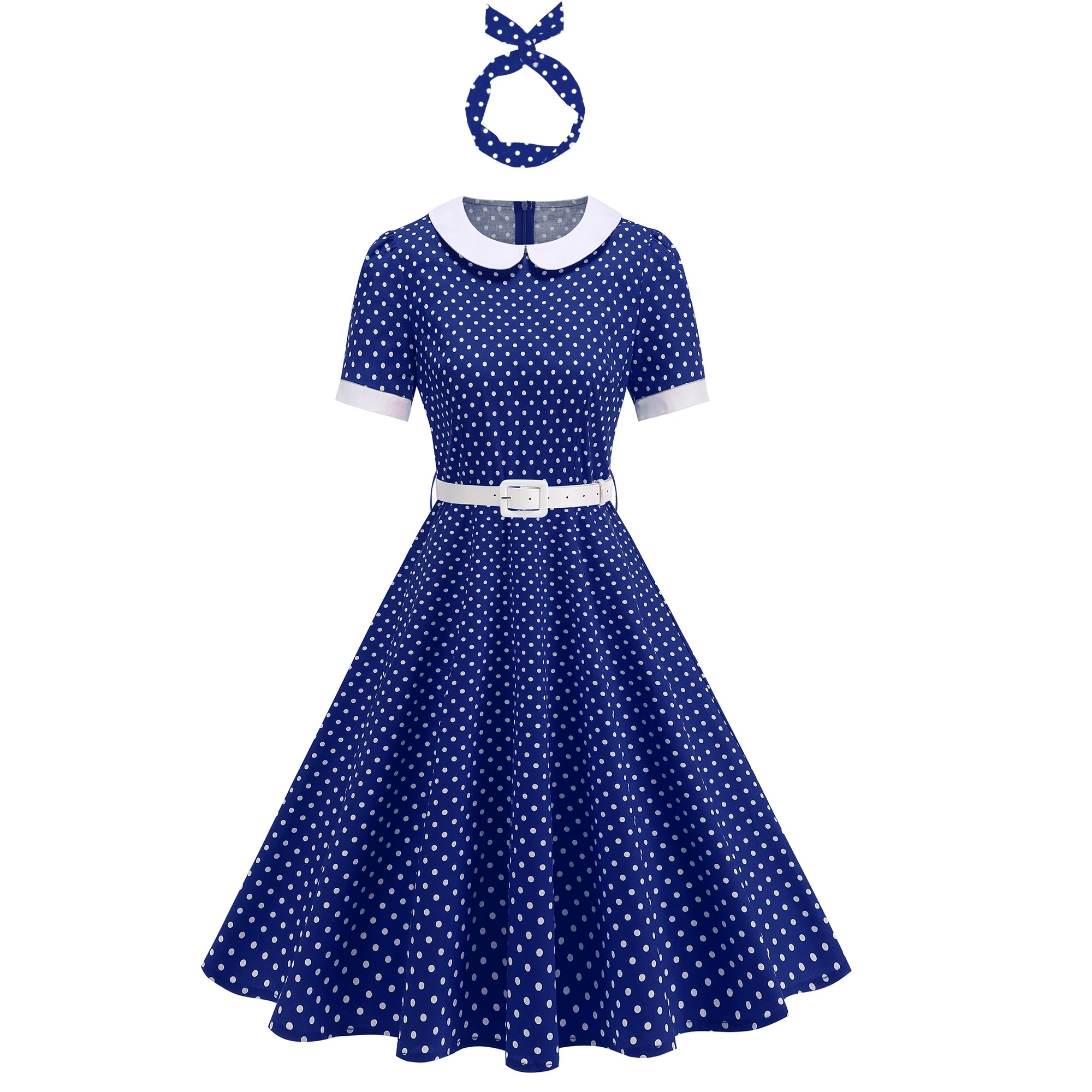 Polka Dot Collar Fit & Flare Dress with Headband