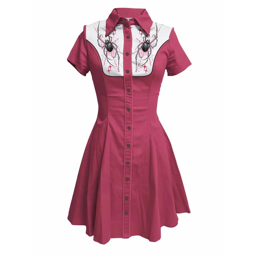 Short Sleeve Button-Front Shirt Dress with Spiderweb Yoke Graphic