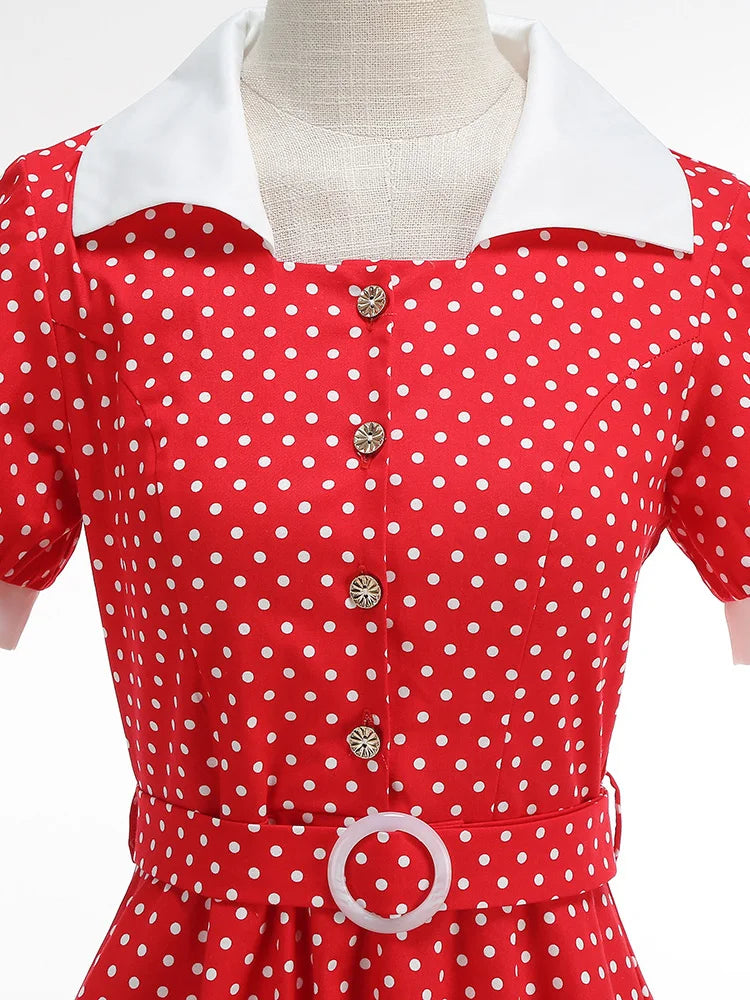 Polka Dot Collared Belted Midi Dress