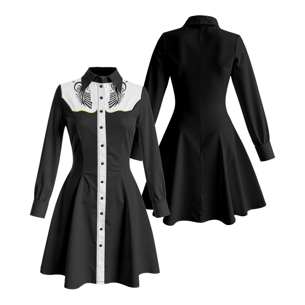 Long Sleeve Western-Style Button-Front Shirt Dress with Floral Yoke Graphic