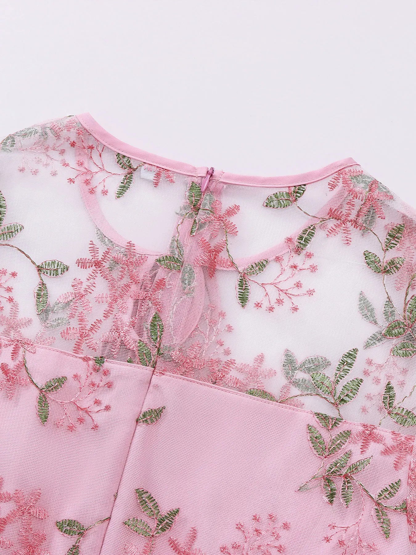 Embroidered Sheer Overlay Midi Dress with Tie Neck