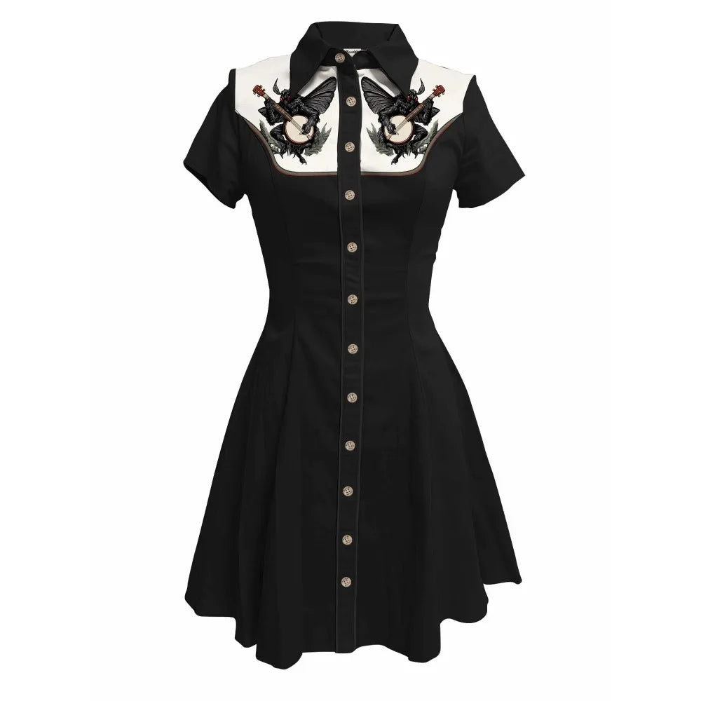 Short Sleeve Button-Front Shirt Dress with Moth Design