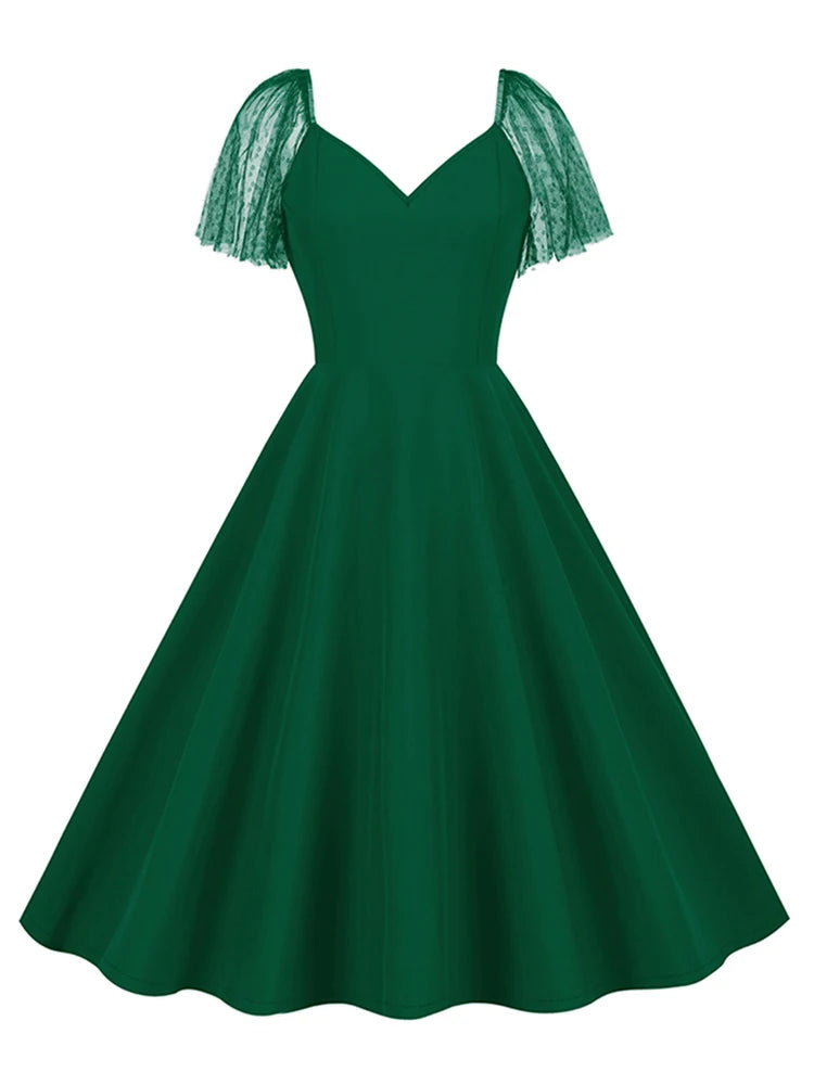 Sheer Mesh Sleeve Fit and Flare Midi Dress