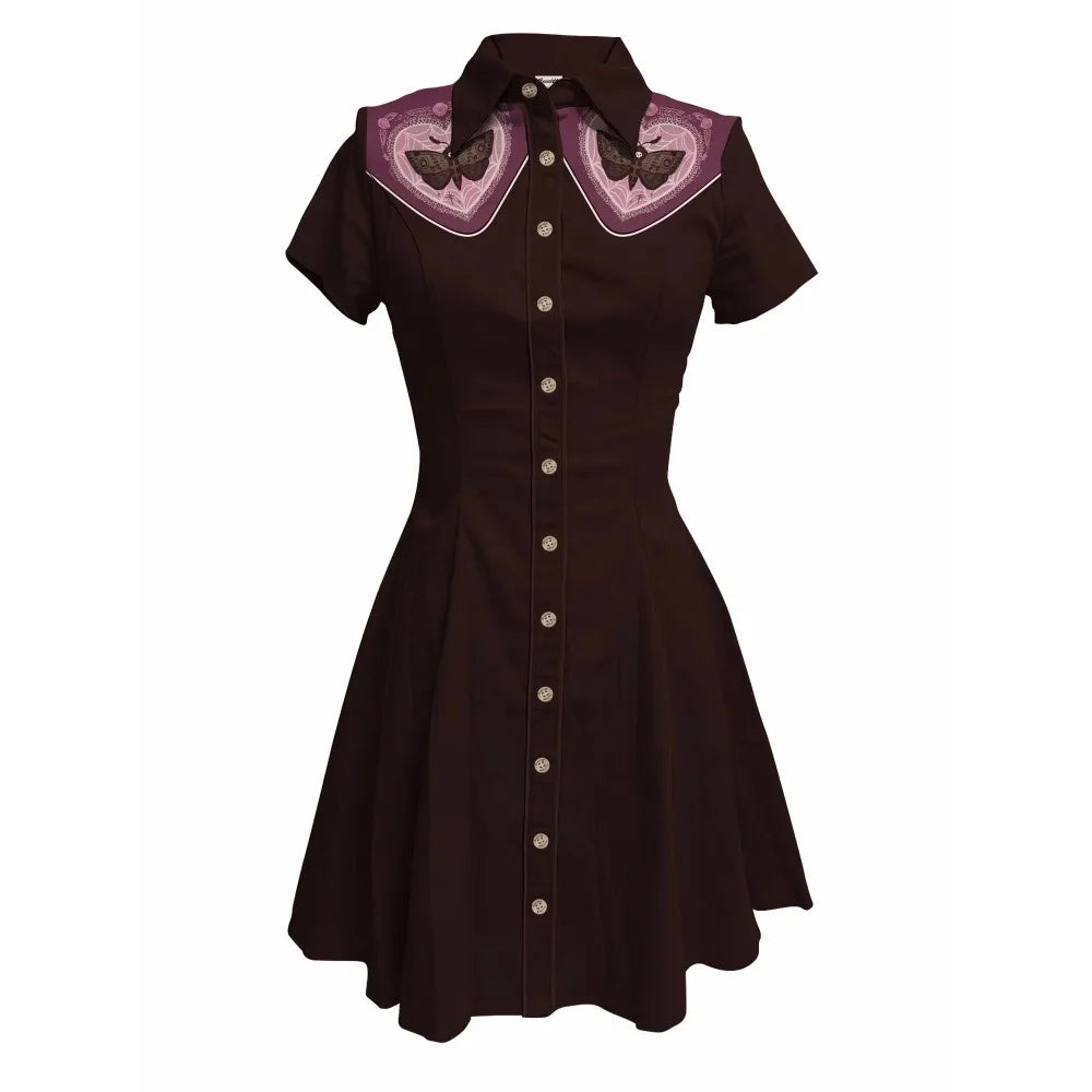 Short Sleeve Button-Front Shirt Dress with Moth Design