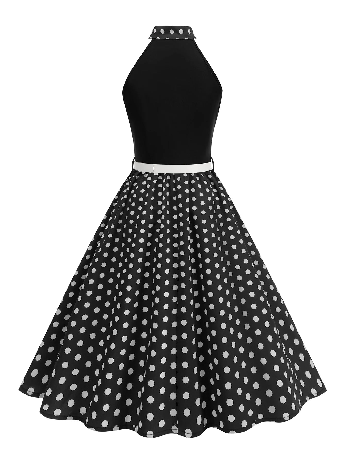 Halter Neck Polka Dot Midi Dress with Bow and Belt