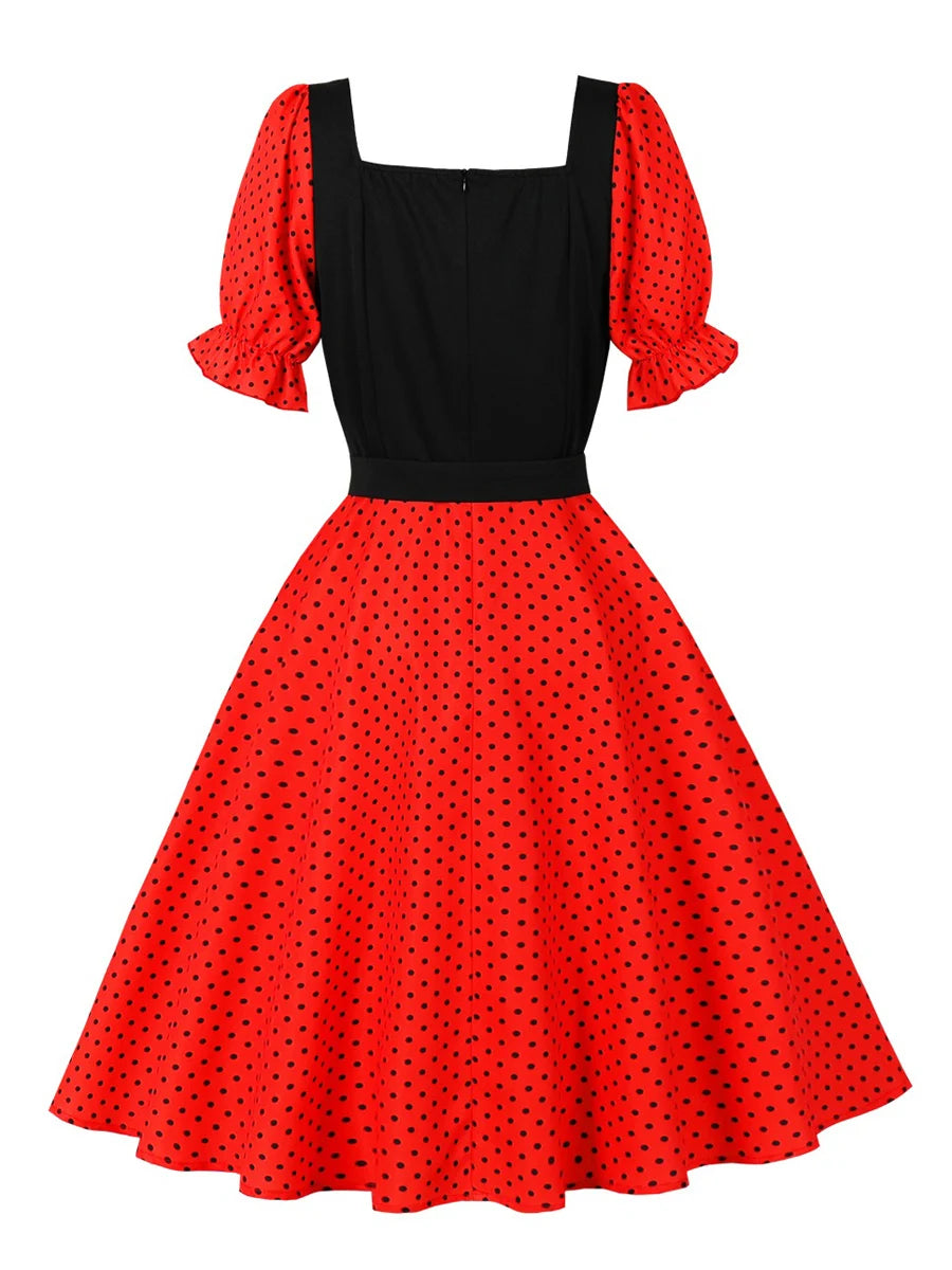 Polka Dot Contrast Panel Midi Dress with Belt