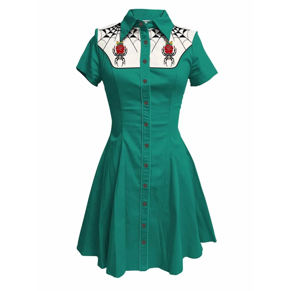Short Sleeve Button-Front Shirt Dress with Spiderweb Yoke Graphic