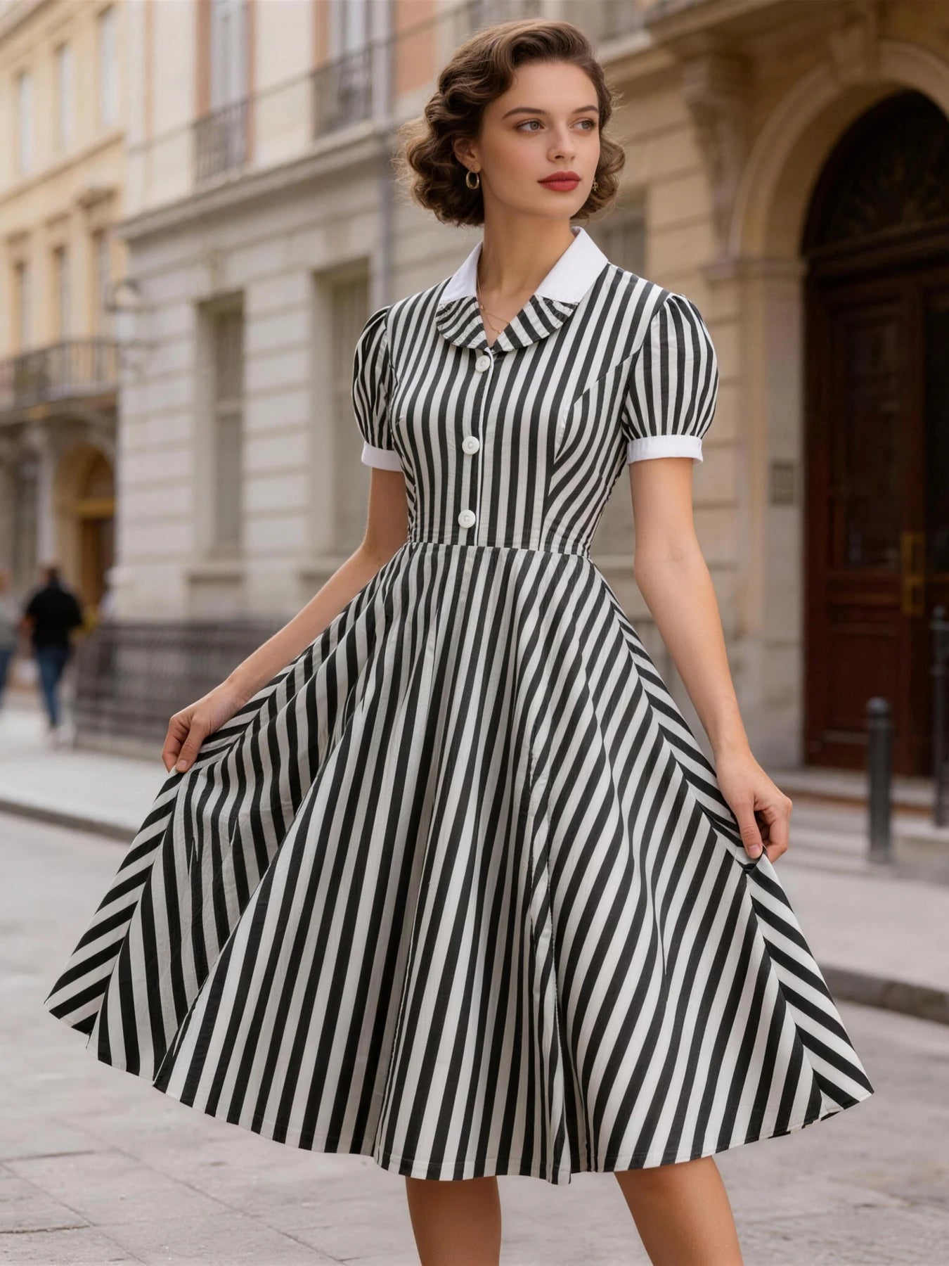 Vertical Stripe Collared Midi Dress with Button Front