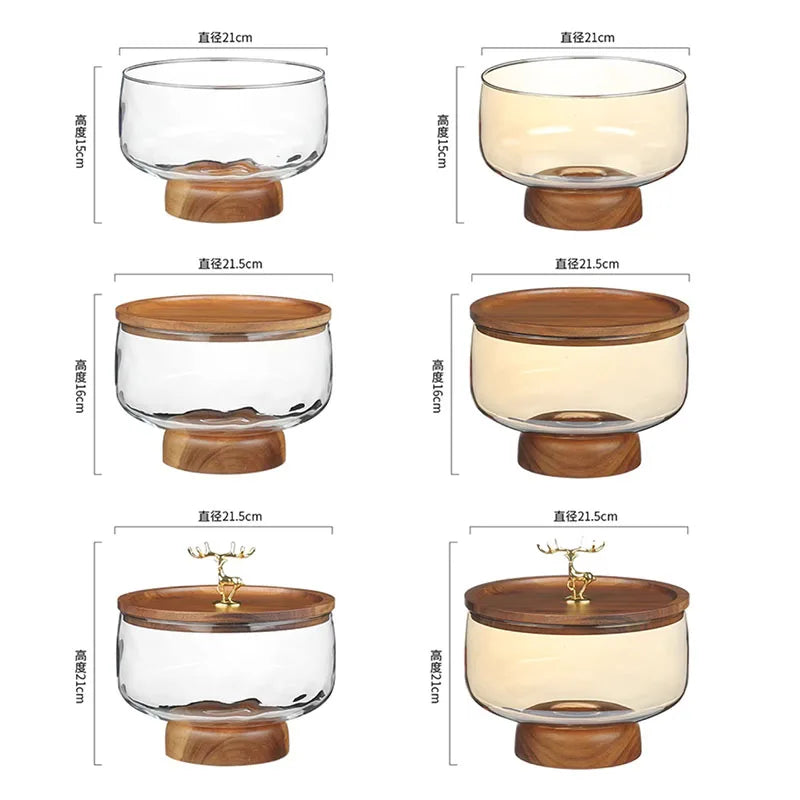 Mid-Century Modern Glass & Acacia Wood Pedestal Fruit Bowl