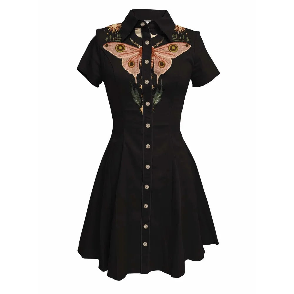 Short Sleeve Button-Front Shirt Dress with Moth Design